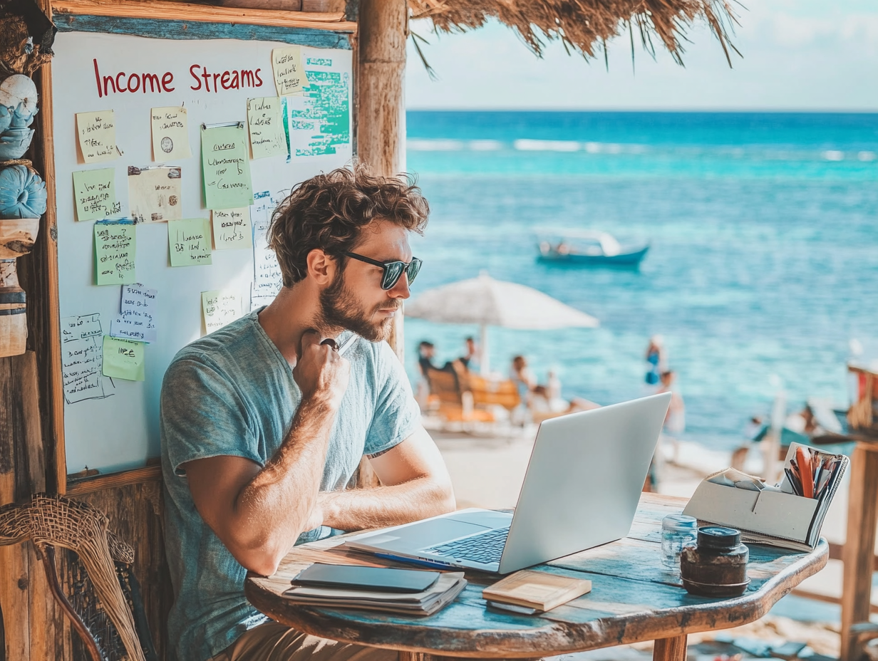 A man working on his laptop at a tropical beachside setup, with a whiteboard behind him labeled Income Streams , reflecting a remote work lifestyle.