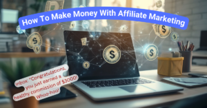 How to make money with affiliate marketing: A laptop with floating dollar signs and network connections, symbolizing online earnings.