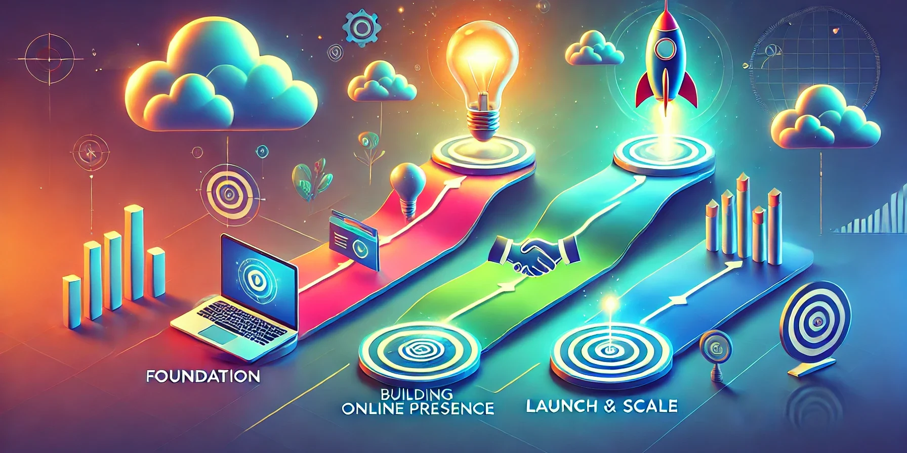 Modern step-by-step roadmap illustration showing foundation, building an online presence, and scaling a business with vibrant icons and colors.